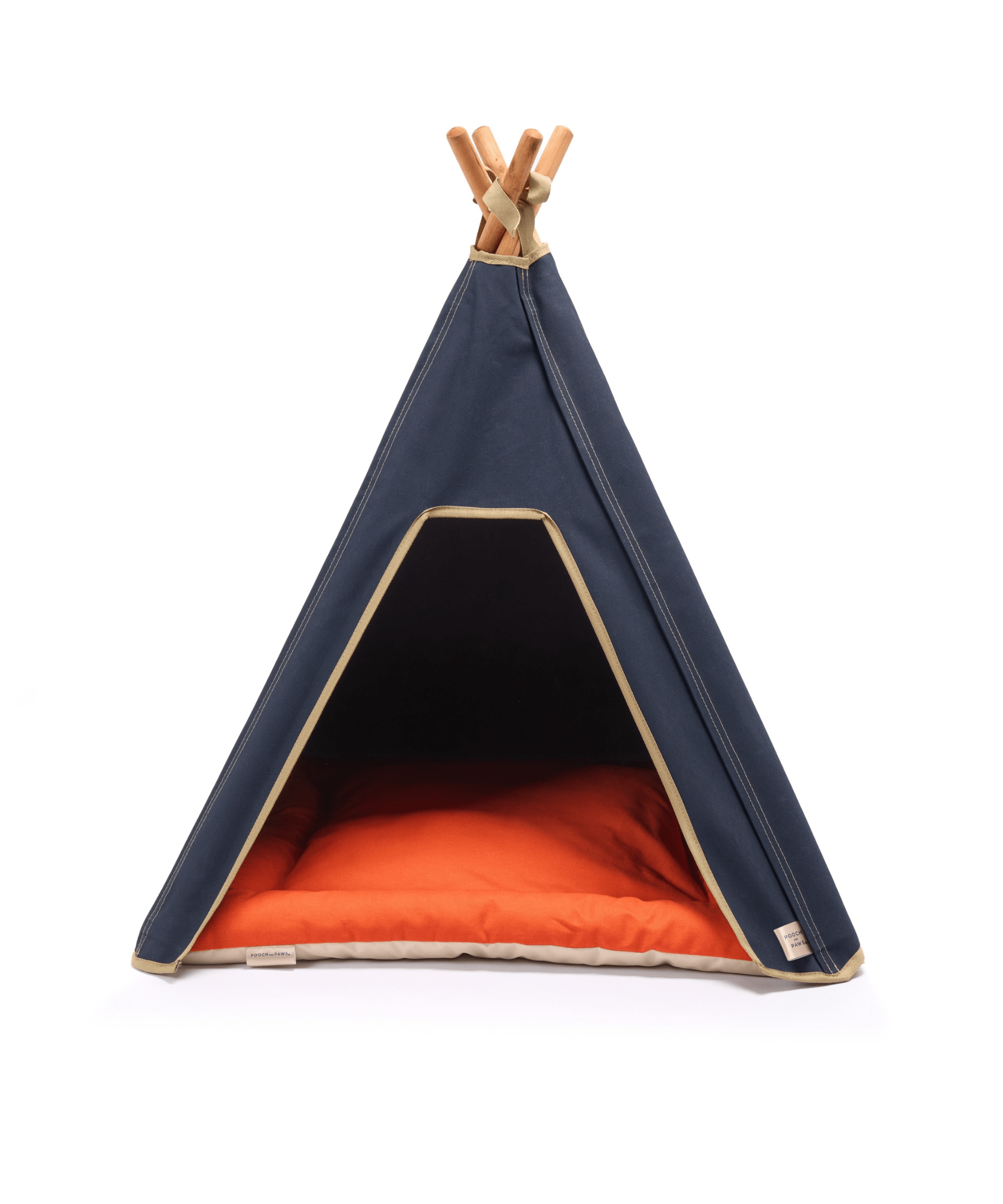 Pooch and Paws Dog Teepee in navy blue with Dog Mat in orange