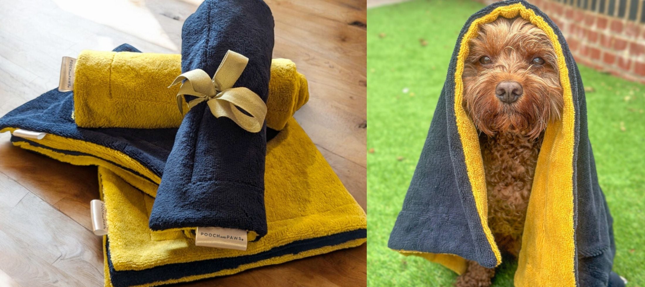 Dog towel in ochre yellow and blue. Ultra-absorbent bamboo material with cockapoo 