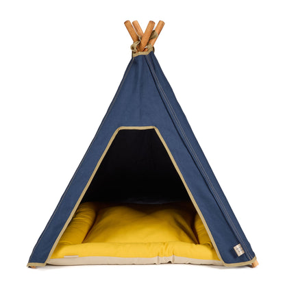 Dog teepee bed in navy blue cotton canvas with yellow dog bed cushion 