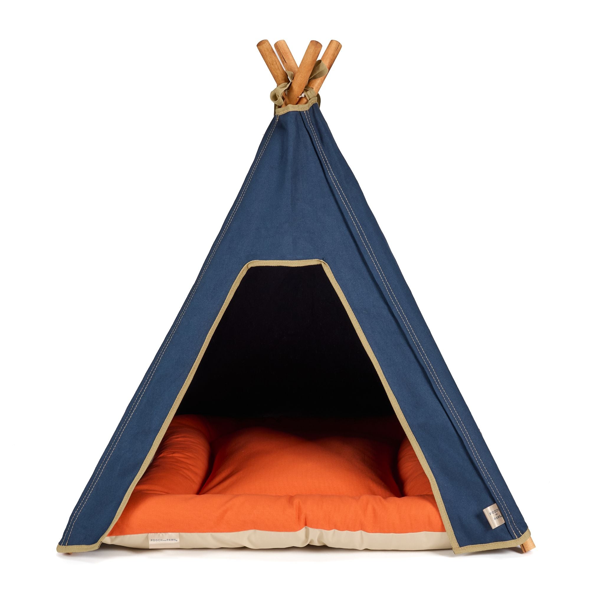 Dog teepee bed in navy blue cotton canvas with orange dog bed cushion 