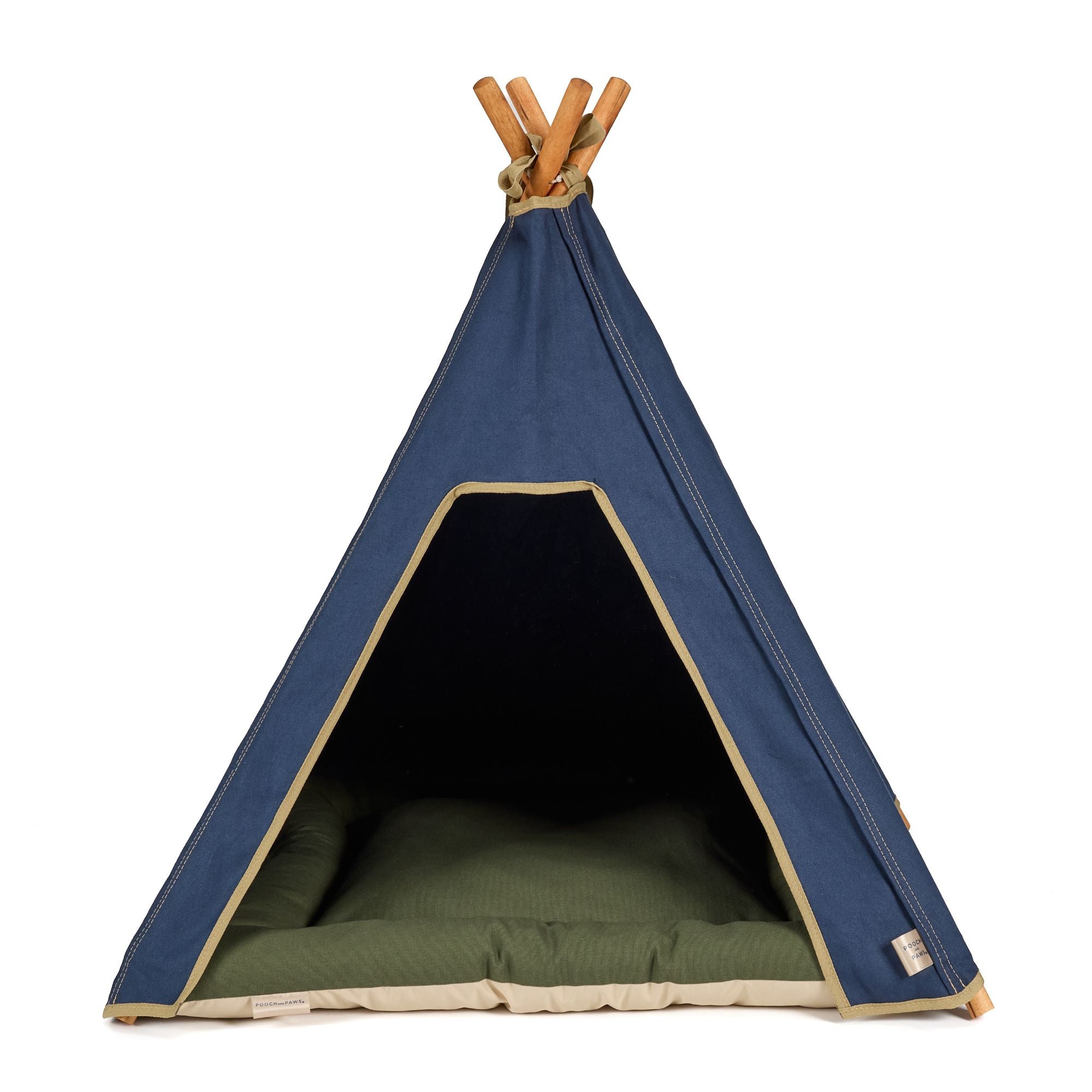 Dog teepee bed in navy blue cotton canvas with olive green dog bed cushion 