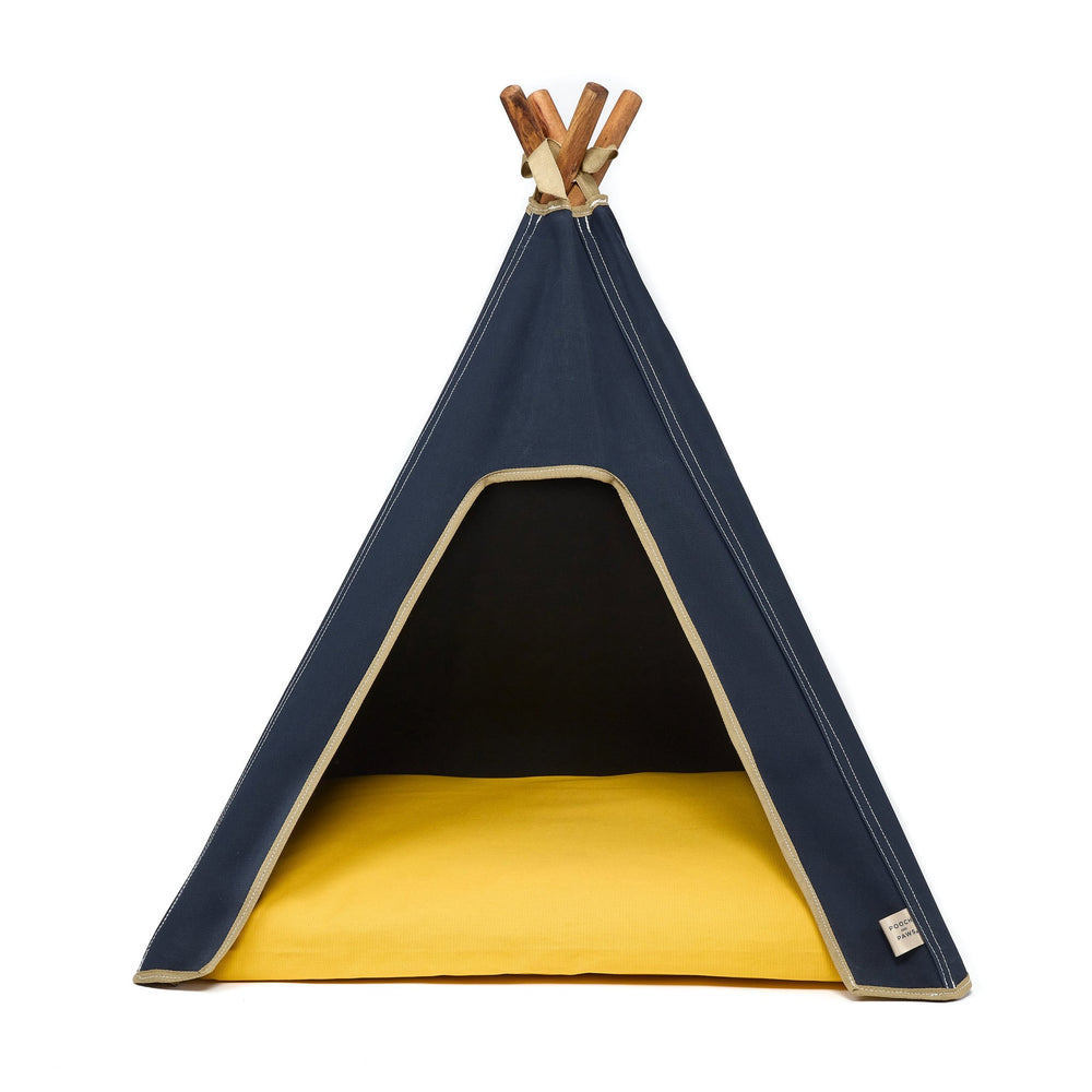 Dog bed. Dog teepee bed in navy blue and yellow dog cushion