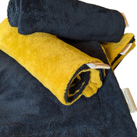 Absorbent Dog Towel in Bamboo & Cotton Blend. Navy blue and Ochre yellow.