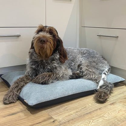 Herringbone tweed dog bed in blue with  large dog resting 