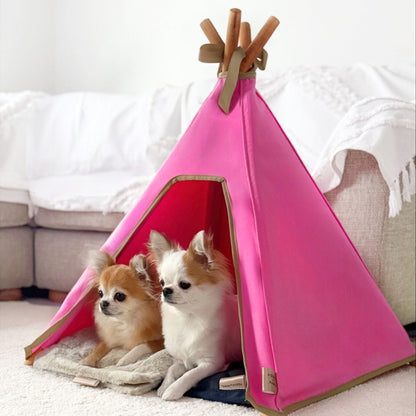 Pink Dog Bed Set - Dog Teepee, Mat & Blanket (Indoor, 100% Cotton Canvas) - Pooch and Paws