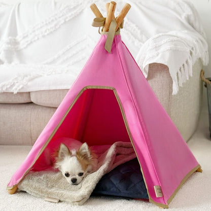 Pink Dog Bed Set - Dog Teepee, Mat & Blanket (Indoor, 100% Cotton Canvas) - Pooch and Paws