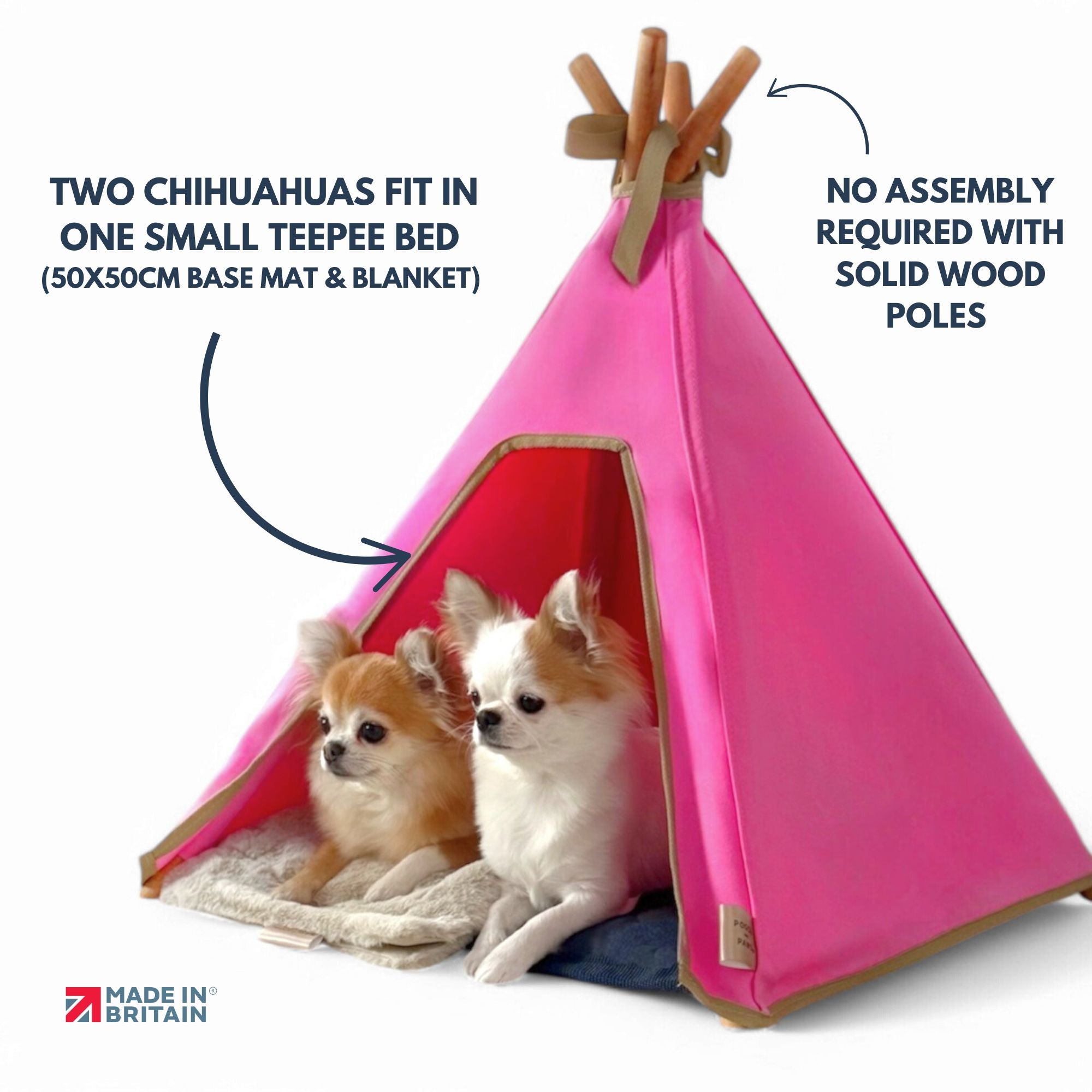 Pink Dog Bed Set - Dog Teepee, Mat & Blanket (Indoor, 100% Cotton Canvas) - Pooch and Paws