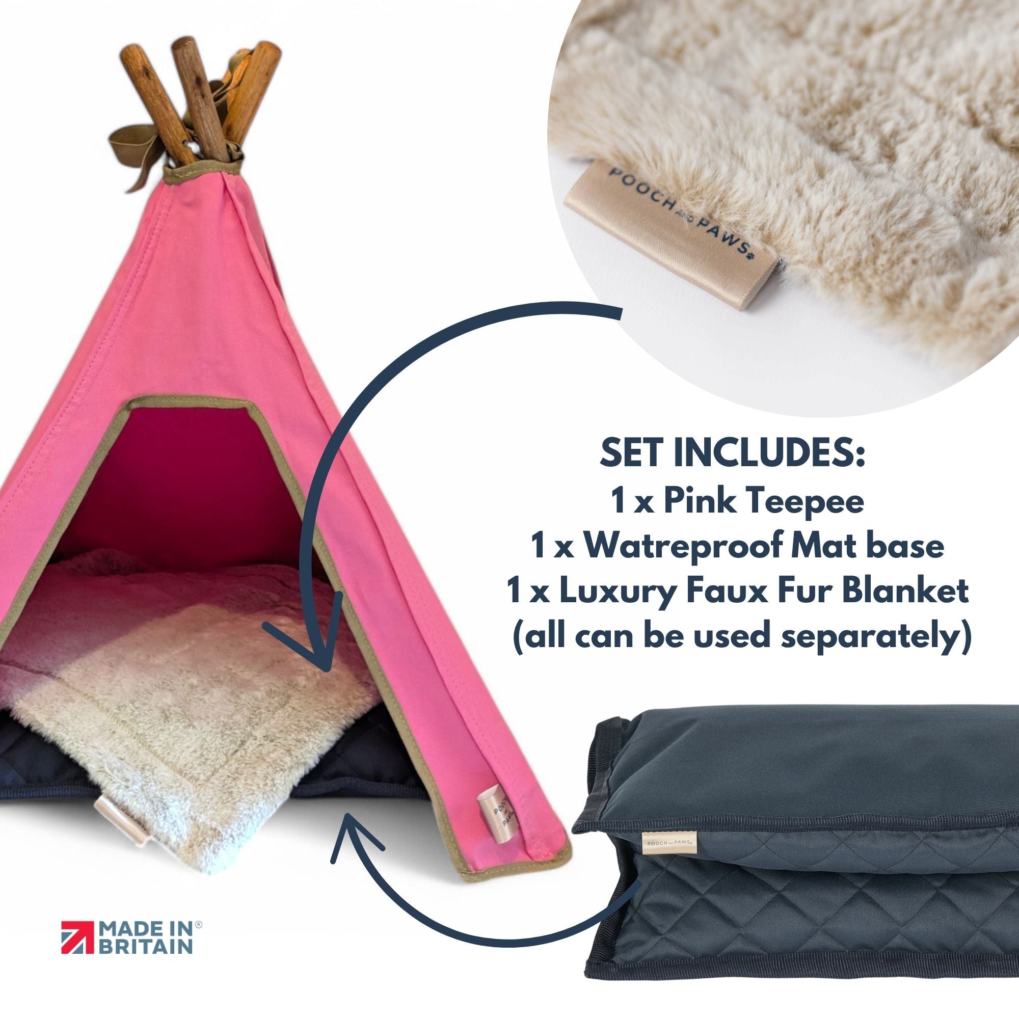 Pink Dog Bed Set - Dog Teepee, Mat & Blanket (Indoor, 100% Cotton Canvas) - Pooch and Paws