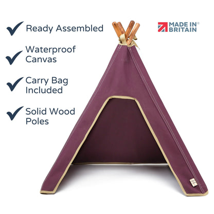 SALE Dog Teepee Bed - INDOOR & OUTDOOR - Waterproof Canvas (Burgundy) - Pooch and Paws