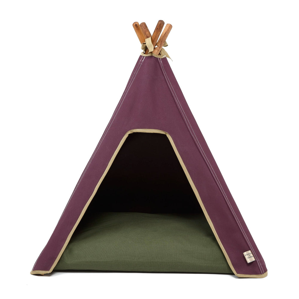 Dog bed. Dog teepee bed in burgundy with green dog cushion