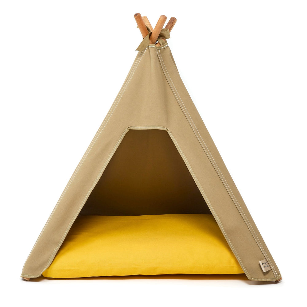 Dog bed. Dog teepee bed in light sand with yellow dog cushion