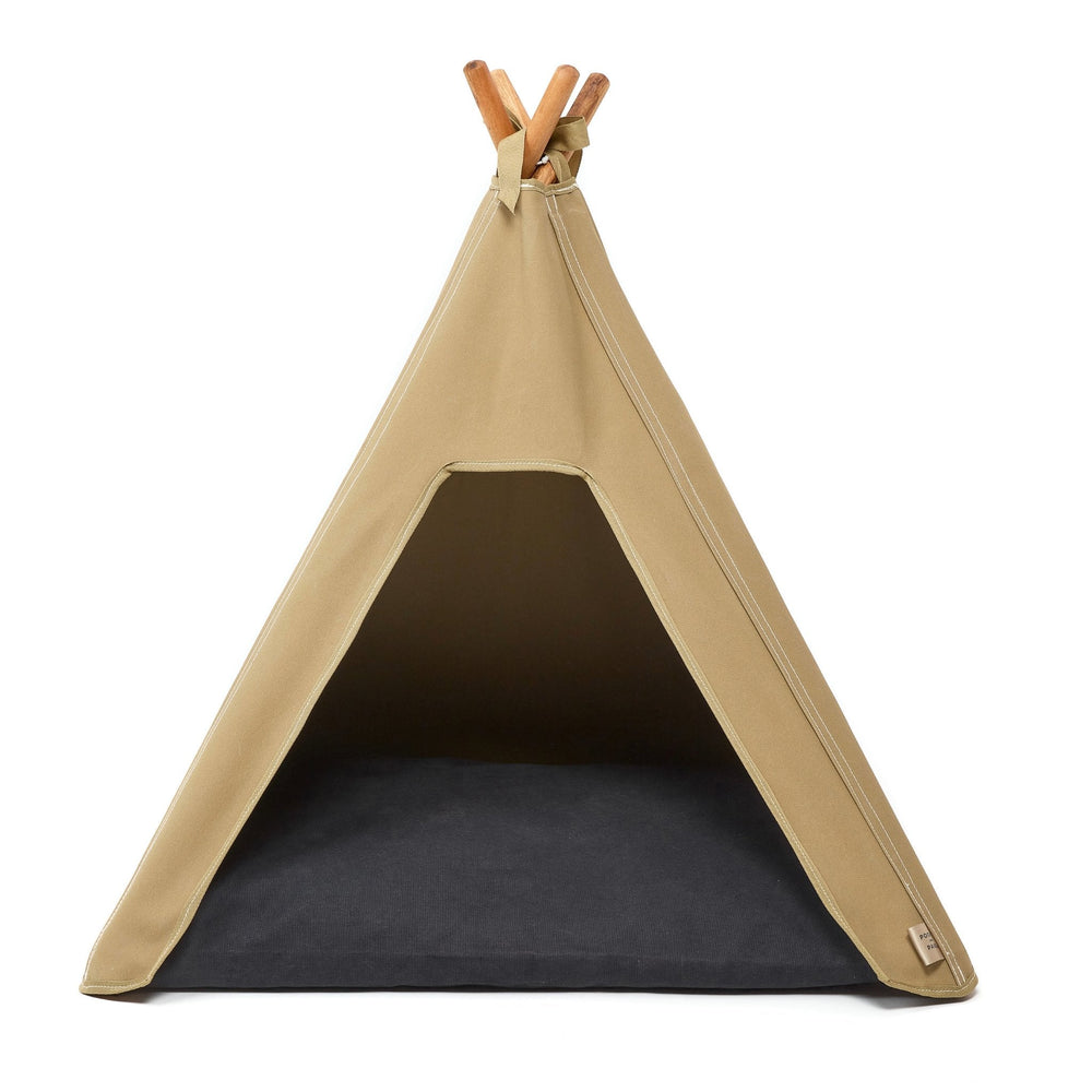 Dog bed. Dog teepee bed in light sand with dark charcoal dog cushion