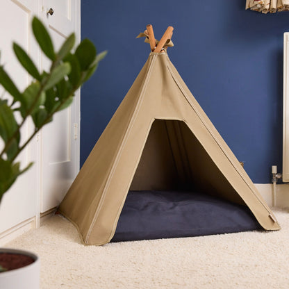 Dog bed. Dog teepee bed in light sand with dark charcoal dog cushion